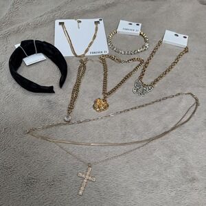 Forever 21 Womens Jewelry Lot Necklaces Bracelet Headband Butterfly Cross Set